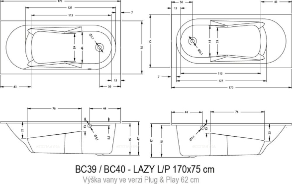 Акриловая ванна Riho Lazy 170x75 см L Plug&Play Акриловая ванна Riho Lazy 170x75 см L Plug&Play
