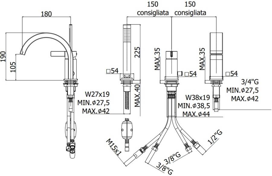 Смеситель на борт ванны Paffoni Rock RO040ST Смеситель на борт ванны Paffoni Rock RO040ST