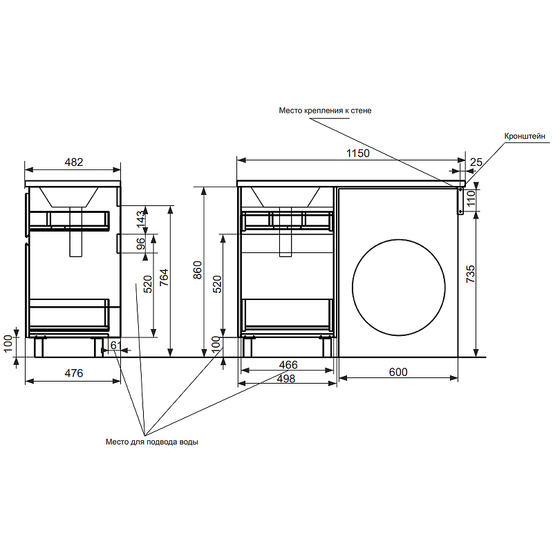 Комплект мебели Dallas Luxe 1150х482 левосторонний напольный 2 ящика (ШхГхВ) 498х476х860 Комплект мебели Dallas Luxe 1150х482 левосторонний напольный 2 ящика (ШхГхВ) 498х476х860