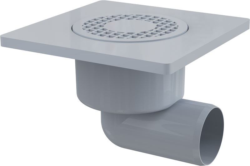 Сливной трап 150×150/50 мм боковой сток, решетка серая, гидрозатвор мокрый Сливной трап 150×150/50 мм боковой сток, решетка серая, гидрозатвор мокрый