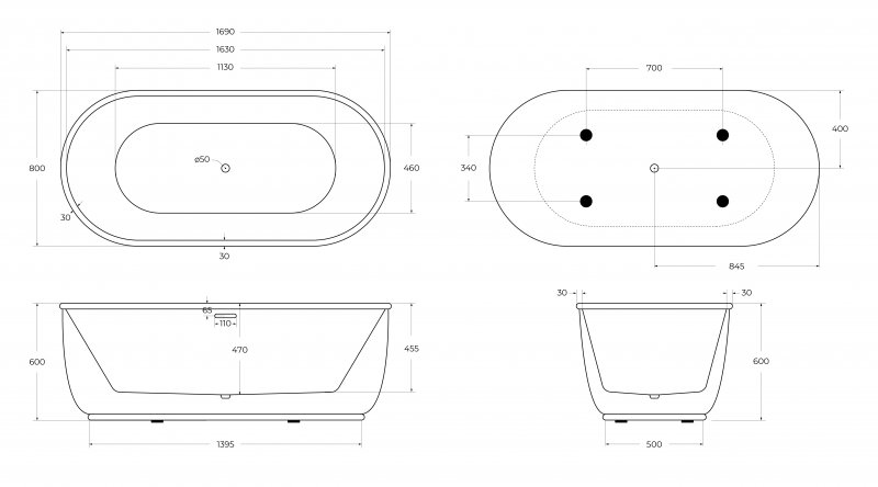 Акриловая ванна BELBAGNO BB401-1700-800 Акриловая ванна BELBAGNO BB401-1700-800