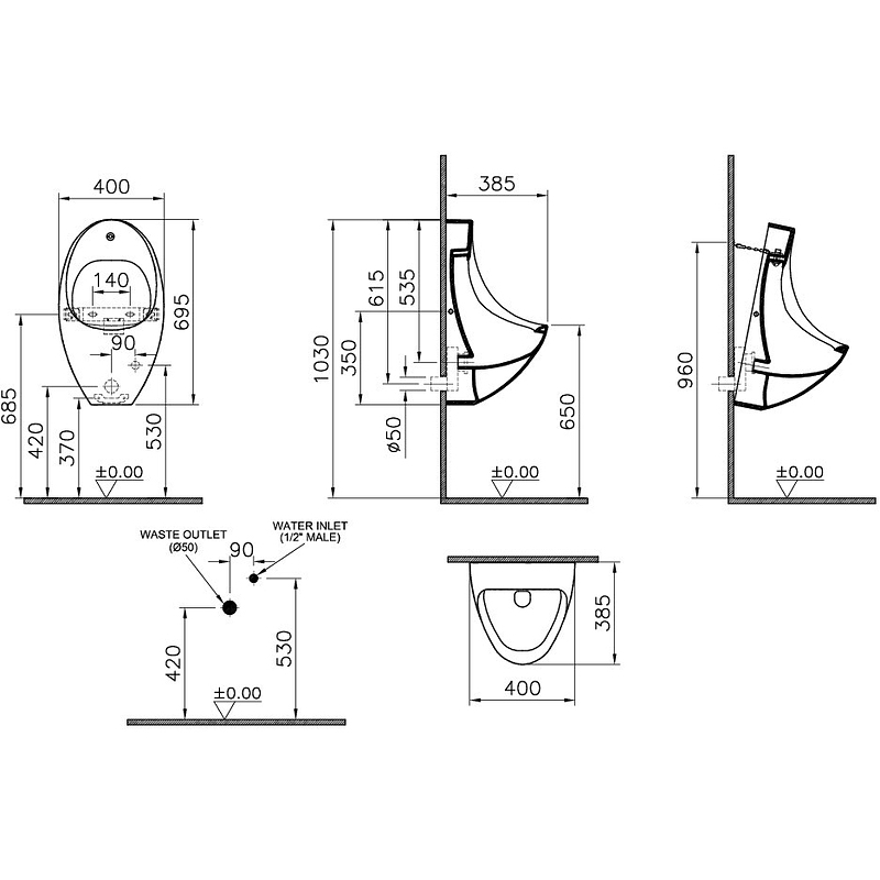 Писсуар Arkitekt с сенсорным смывом, питание от сети Писсуар Arkitekt с сенсорным смывом, питание от сети