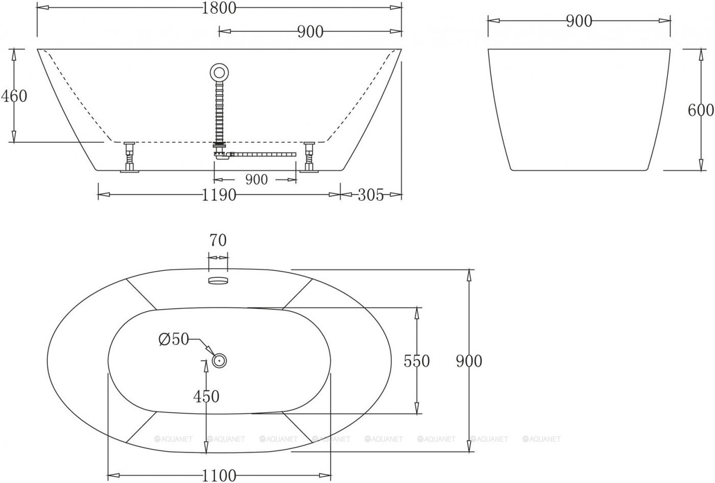 Акриловая ванна BELBAGNO BB68-1800, 1800x900x600 Акриловая ванна BELBAGNO BB68-1800, 1800x900x600