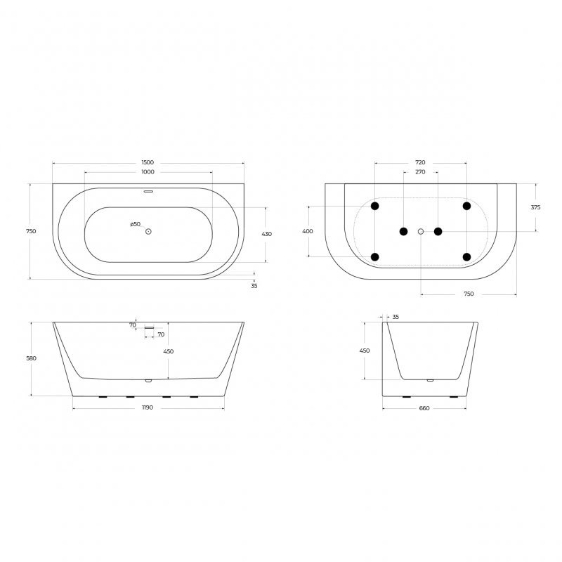 BB710-1700-800 Пристенная, полукруглая акриловая ванна в комплекте со сливом-переливом Цвет Белый  BB710-1700-800 Пристенная, полукруглая акриловая ванна в комплекте со сливом-переливом Цвет Белый