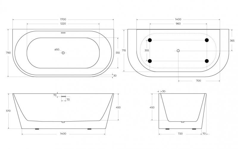 BB710-1700-800 Пристенная, полукруглая акриловая ванна в комплекте со сливом-переливом Цвет Белый  BB710-1700-800 Пристенная, полукруглая акриловая ванна в комплекте со сливом-переливом Цвет Белый