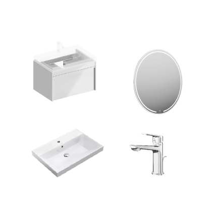 Комплект раковины и тумбы со смесителем и круглым зеркалом