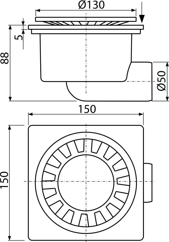 Сливной трап 150×150/50 мм боковой сток, решетка белая, гидрозатвор мокрый Сливной трап 150×150/50 мм боковой сток, решетка белая, гидрозатвор мокрый