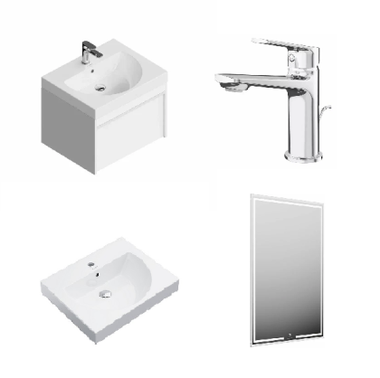 Комплект раковины и тумбы со смесителем и зеркалом