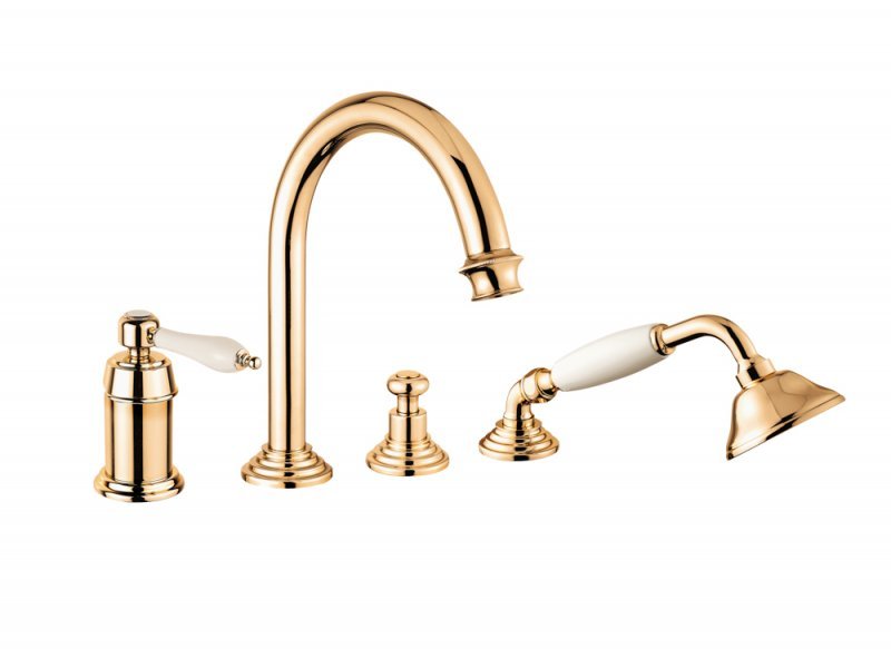 APHRODITE-BVDM-03/24-Bi Смеситель на борт ванны однорычажный с выдвижным душем и переключателем, исполнение золото 24 карат, ручки белые APHRODITE-BVDM-03/24-Bi Смеситель на борт ванны однорычажный с выдвижным душем и переключателем, исполнение золото 24 карат, ручки белые