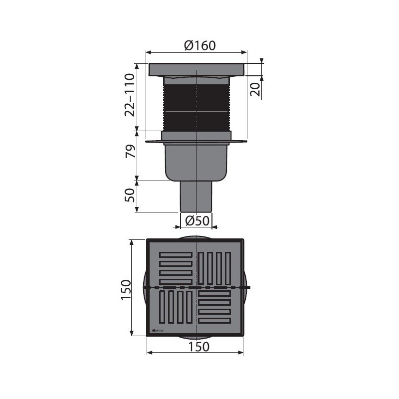 Сливной трап 150×150/50 мм прямой сток, решетка серая, гидрозатвор мокрый Сливной трап 150×150/50 мм прямой сток, решетка серая, гидрозатвор мокрый