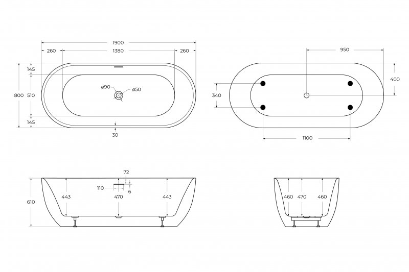 Акриловая ванна BELBAGNO BB417-1900-800 Акриловая ванна BELBAGNO BB417-1900-800