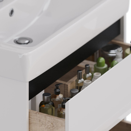 Тумба Lemark COMBI 80см под 1 раковину, подвесная/напольная, 2 ящика, цвет планки: Чёрный, цвет корпуса, фасада: Белый глянец
