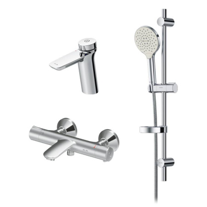 F40950A02 Inspire V2.0, набор 3в1: Смеситель д/умывальника, Смеситель д/ванны/душа с термостатом, душ. компл