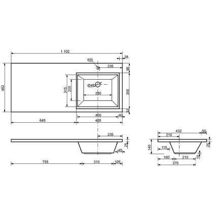 Комплект мебели Dallas Luxe 1100х482 правосторонний напольный 3 ящика (ШхГхВ) 448х476х860