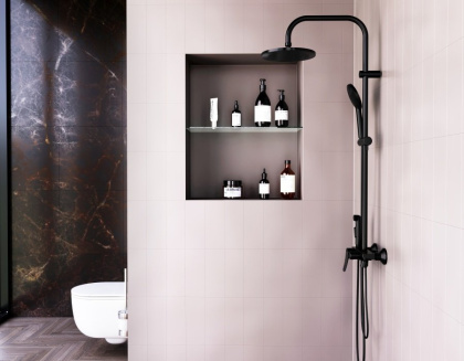 DX220910300_xxx Apollo, душевая система со смесителем-полкой: верхний душ 230мм, ручной душ 120мм,