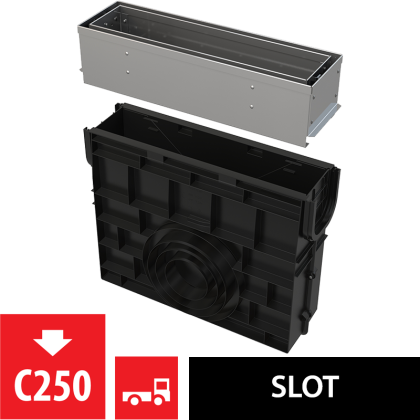 Пескоуловитель для дренажного канала с щелевой асимметричной сервисной надставкой 100 мм, нержавеющая сталь 