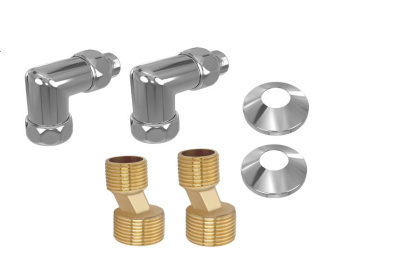 Комплект фитингов для нижнего подключения водяных полотенцесушителей типа лесенка Aquatek ( уголок со сгоном 3/4х1/2 - 2 шт + эксцентрик 3/4х1/2 - 2 шт + отражатель 3/4 - 2 шт), цвет хром