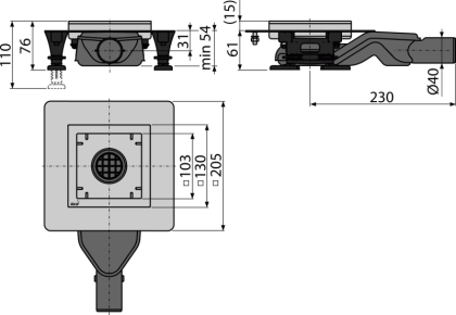 Сливной трап из нержавеющей стали зкстра низкий 130×130 мм боковой сток, без pешетки, гидрозатвор мокрый