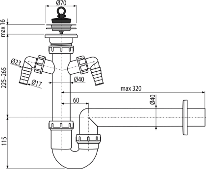 Сифон трубчатый с нержавеющей peшeткой DN70 и двумя штуцерами