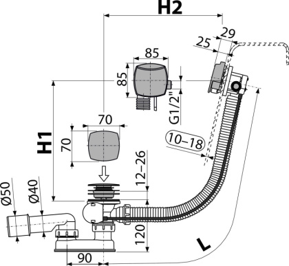 Сифон для ванны с напуском воды через перелив для ванн с толстыми стенками, хром
