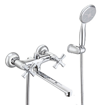 Смеситель для ванны с плоским изливом 20 см, двуручковый, поворотный переключатель, латунь/хром