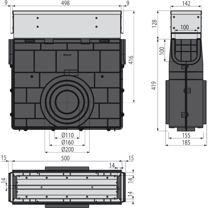 Пескоуловитель для дренажного канала с щелевой асимметричной сервисной надставкой 160 мм, нержавеющая сталь 