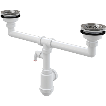 Сифон для сдвоенной мойки с нержавеющими решетками DN115 и штуцером