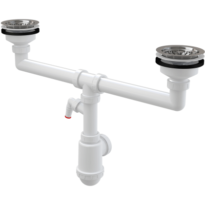 Сифон для сдвоенной мойки с нержавеющими решетками DN115 и штуцером