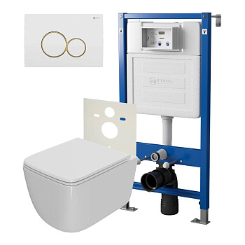 Сет: Система инсталляции Point Элемент для подвесного унитаза PN45120 + Клавиша смыва для инсталляции Point Виктория, белая/золото, PN44061WG + Унитаз подвесной Point Меркурий безободковый, сиденье дюропласт микролифт, быстросъем, белый PN41831
