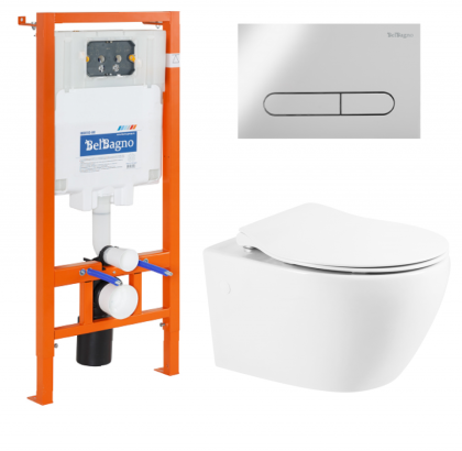 Унитаз подвесной с сиденьем BelBagno PROSPERO + Система инсталляции для унитазов с кнопкой смыва BB005-PR-CH Исполнение: Хром 