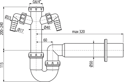 Сифон трубчатый с накидной гайкой 6/4" и двумя штуцерами