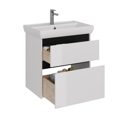 Тумба Lemark COMBI 70см под 1 раковину, подвесная/напольная, 2 ящика, цвет планки: Чёрный, цвет корпуса, фасада: Белый глянец