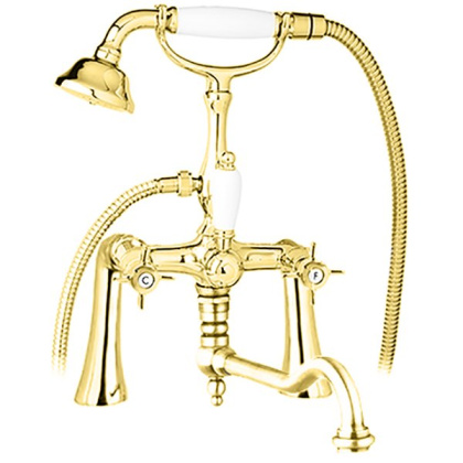 LORD-PBV2-03/24-Bi Смеситель на борт ванны с поворотным изливом и ручным душем Исполнение: Золото 24 карат, Ручки: Белый  LORD-PBV2-03/24-Bi Смеситель на борт ванны с поворотным изливом и ручным душем Исполнение: Золото 24 карат, Ручки: Белый