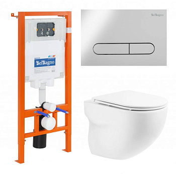 Комплект 4 в 1 Унитаз подвесной BelBagno ONDA BB066CHR с сиденьем BB870SC + Система инсталляции для унитазов BelBagno BB002-80 с кнопкой смыва BB014-S