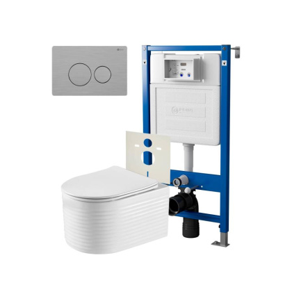 Сет: Система инсталляции Point Элемент для подвесного унитаза PN45120 + Клавиша смыва для инсталляции Point Виктория, нержавеющая сталь, сталь брашированная, PN44061SB + Унитаз подвесной Point Омега безободковый, белый, сиденье дюропласт, микролифт быстро