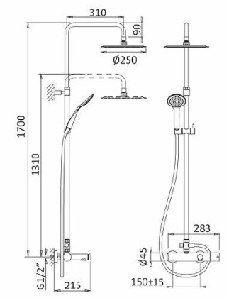 CZR-B-CVD-SR Душевая стойка со смесителем для ванны, верхним и ручным душем, верхний душ из нержавеющей стали диаметр 250 мм, исполнение золото матовое