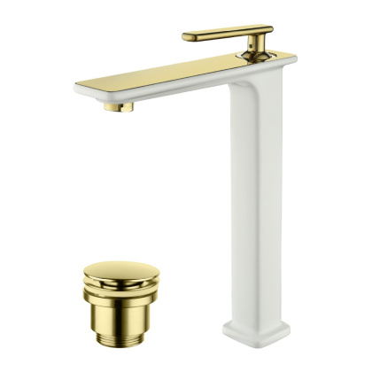 Смеситель для раковины, высокий, монолитный, высота излива 24,5 см, длина 16 см, с донным клапаном, белый/золото