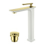 Смеситель для раковины, высокий, монолитный, высота излива 24,5 см, длина 16 см, с донным клапаном, белый/золото