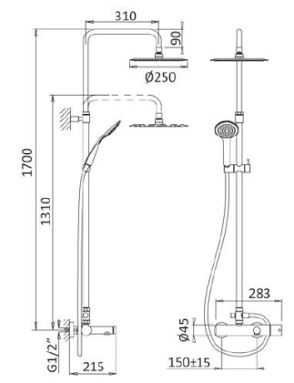 CZR-B-CVD-SR Душевая стойка со смесителем для ванны, верхним и ручным душем, верхний душ из нержавеющей стали диаметр 250 мм, исполнение золото матовое