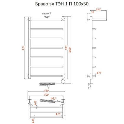 Полотенцесушитель Браво эл ТЭН 1 П 100*50 (ЛЦ4)