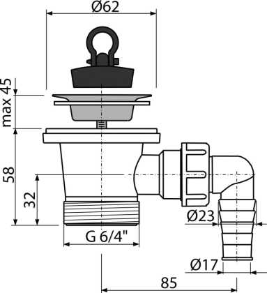 Донный клапан сифона для умывальника 6/4" с нержавеющей peшeткой DN63 и штуцером