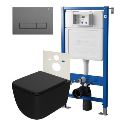 Сет: Система инсталляции Point Элемент для подвесного унитаза PN45120 + Клавиша смыва для инсталляции Point Меркурий, цвет графит, PN44831GM + Унитаз подвесной Point Меркурий безободковый сид.дюропласт микролифт быстросъем чёрн мат. PN41831BM