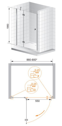 VERONA-W-B-12-110-C-Cr Душевой уголок Условные размеры, мм:1100x1950 Габариты с диапазоном регулировок, мм:(1080-1108)х1950 Ширина входа, мм:550 