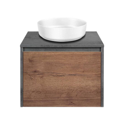 База под накладную раковину Mesa 600 подвесная, 1 выкатной/1 скрытый ящик soft close, T.Oak + Beton