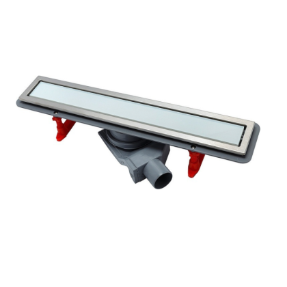 13000283 Линейный трап 650 мм CONFLUO PREMIUM WITH WHITE GLASS LINE, двухсторонняя модель Исполнение: белое стекло/ матовый хром без перфорации, рамка - матовый хром 