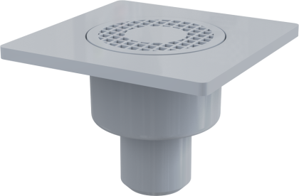 Сливной трап 150×150/50 мм прямой сток, решетка серая, гидрозатвор мокрый Сливной трап 150×150/50 мм прямой сток, решетка серая, гидрозатвор мокрый