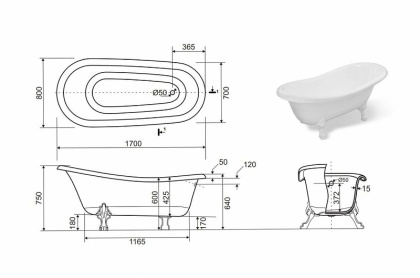 Ванна из литьевого мрамора 170х80 см Creto Corsica 24-1113 с золотыми ножками