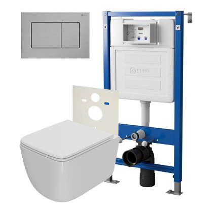 Сет: Система инсталляции Point Элемент для подвесного унитаза PN45120 + Клавиша смыва для инсталляции Point Ника, нержавеющая сталь, сталь брашированная, PN44081SB + Унитаз подвесной Point Меркурий безободковый, сиденье дюропласт микролифт, быстросъем, бе