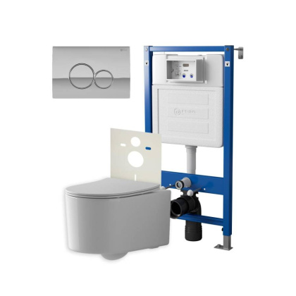 Сет: Система инсталляции Point Элемент для подвесного унитаза PN45120 + Клавиша смыва для инсталляции Point Виктория, цвет сатин/хром, PN44061SC + Унитаз подвесной Point Веста безободковый, белый, сиденье дюропласт, микролифт, быстросъем. PN41701