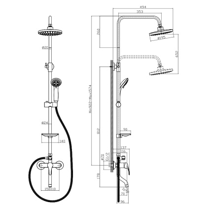 Смеситель Rossinka A35-46 для ванны и душа с регулируемой высотой штанги, поворотным изливом и лейкой "Тропический дождь"